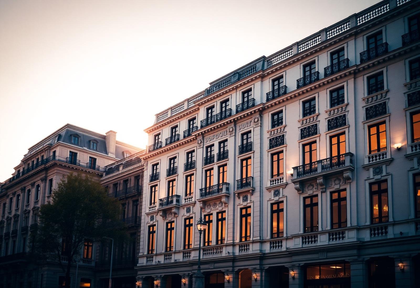 Fachada arquitectónica clásica en Madrid al atardecer